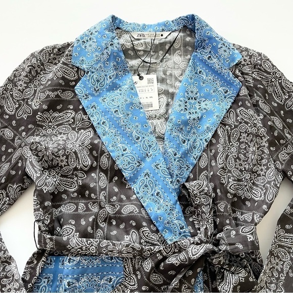 New Zara Black and Blue Paisley Print Retro Collared Wrap Top US S - Picture 4 of 9